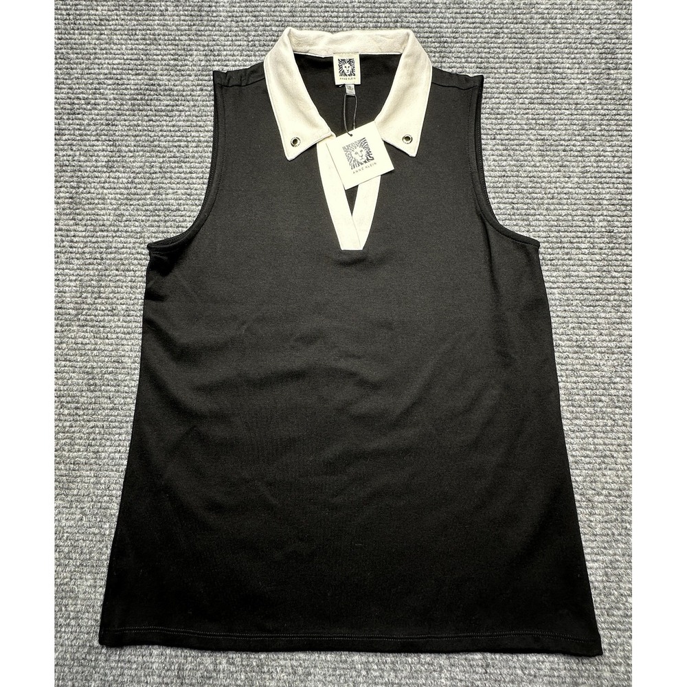 Anne Klein Polo Shirt Womens Small Black Sleeveless Contrast Collar Knit Top New